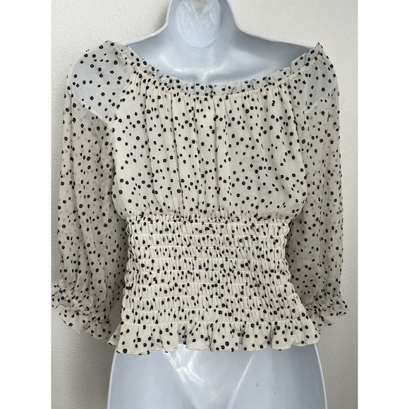 Anthropologie Lucia Smocked Waist Off the Shoulder Polka Swiss Dot Blouse NWT XS - Picture 2 of 5